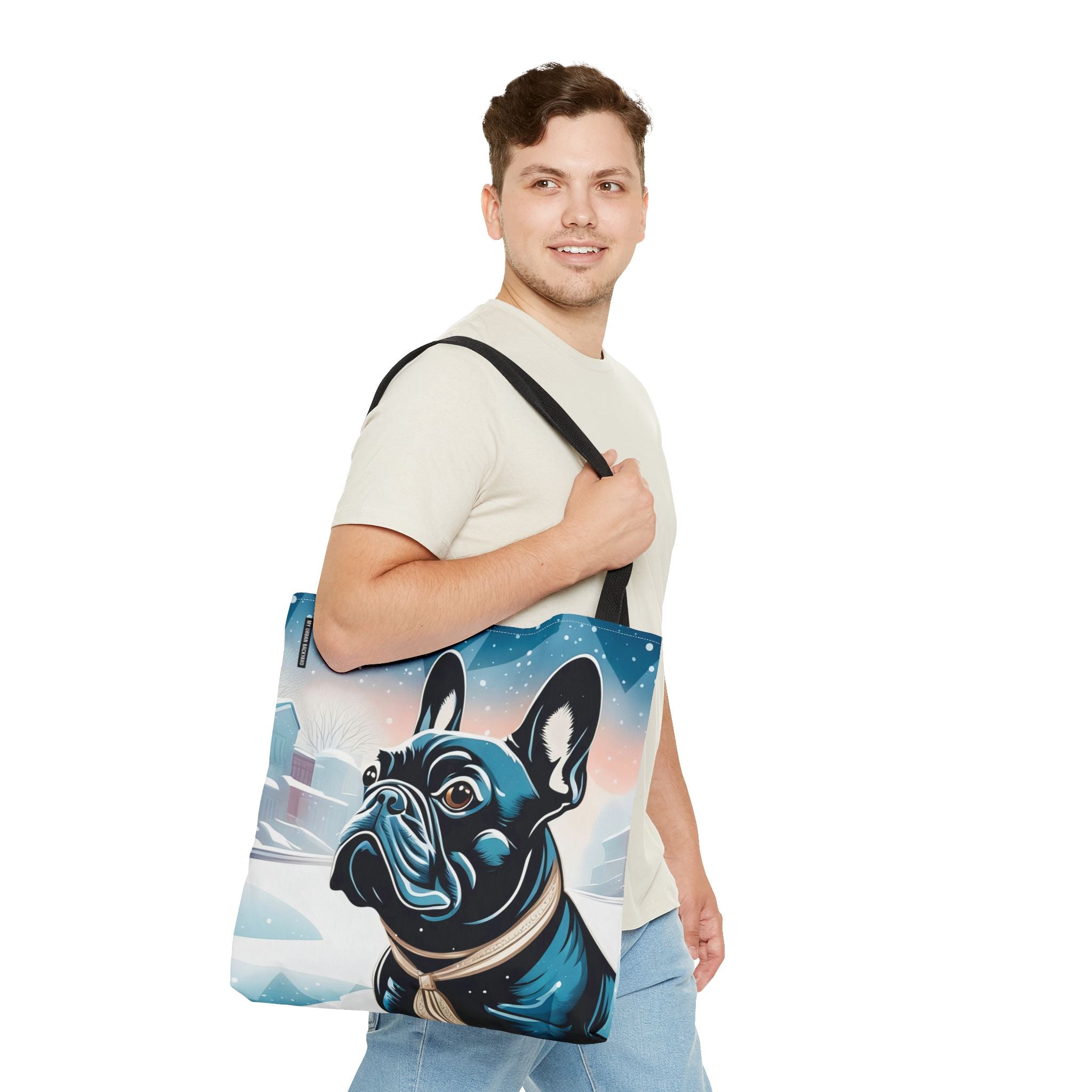 French Bulldog Winter Tote Bag — Snowy Pup All-Over Print Tote