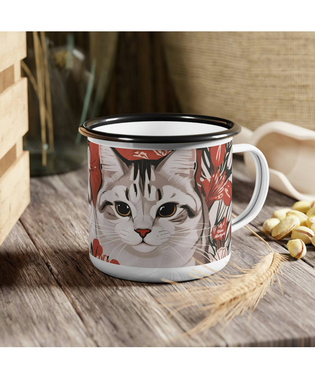 Enamel Camping Mug for Coffee, Tea, Hot Cocoa, Cereal, 12oz, White Cats