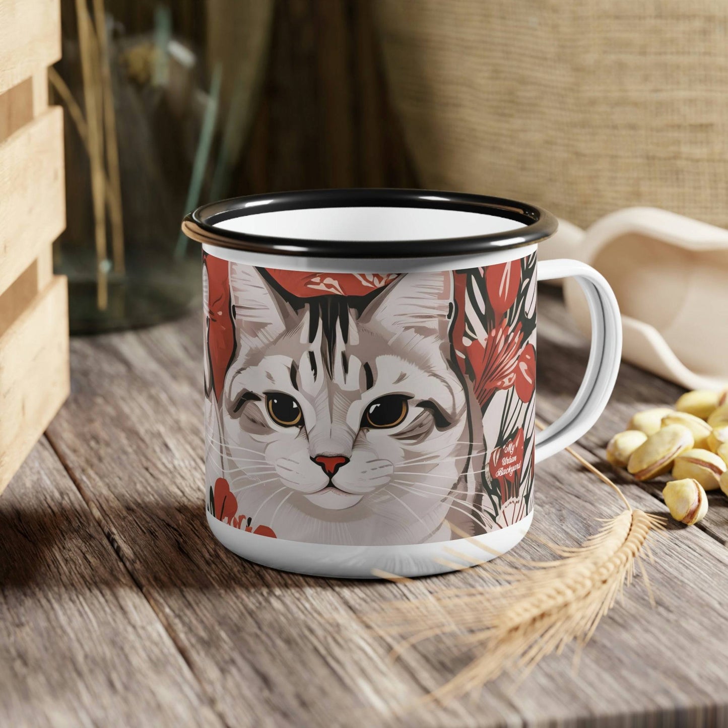 Enamel Camping Mug for Coffee, Tea, Hot Cocoa, Cereal, 12oz, White Cats