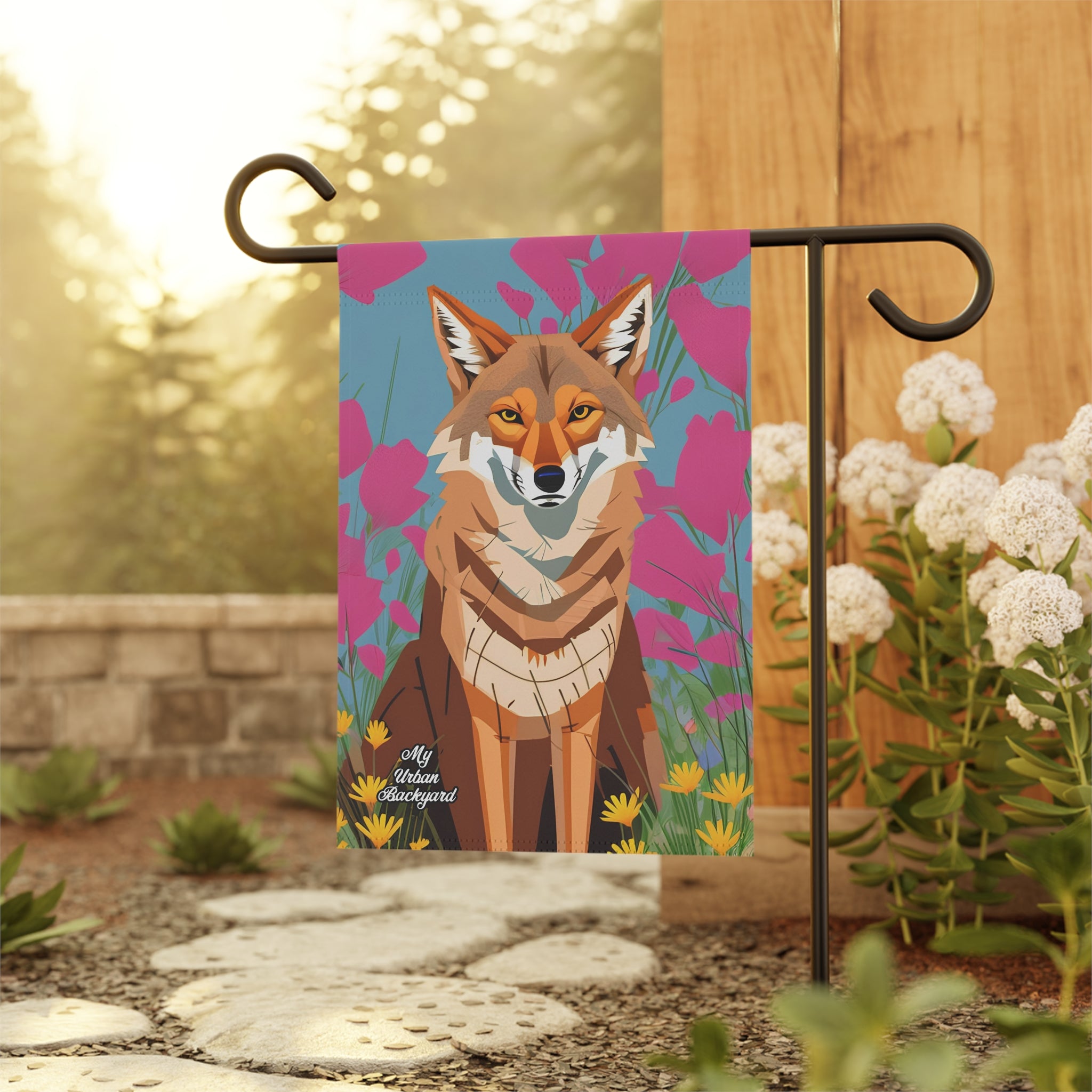Coyote and Pink Flowers, Garden Flag