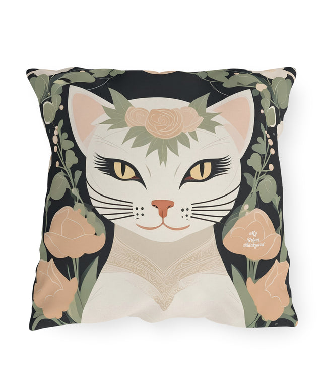 Genevieve Meowcroft, Sage accent color, Cat Throw Pillow, Indoor/Outdoor Decor for Home or Office