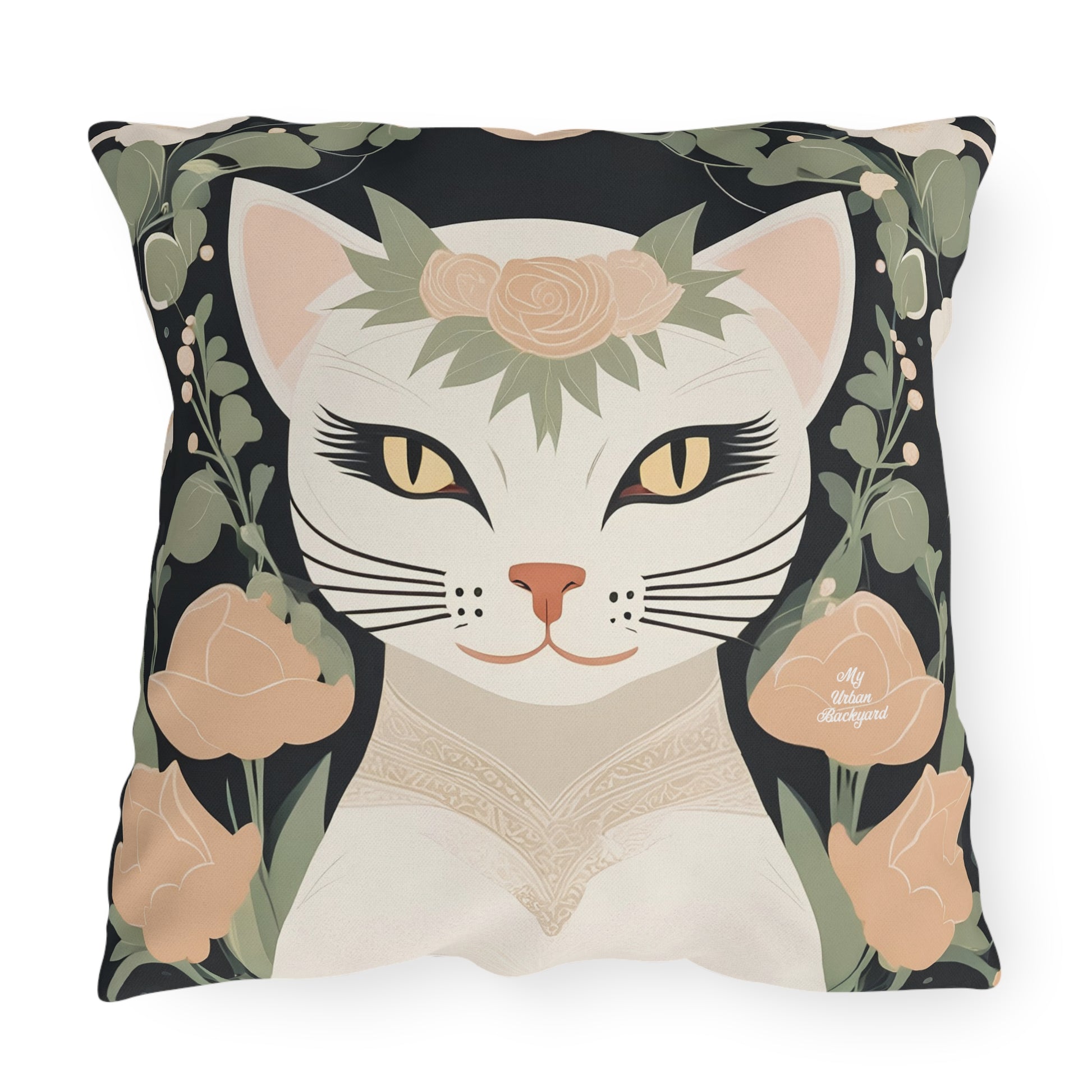 Genevieve Meowcroft, Sage accent color, Cat Throw Pillow, Indoor/Outdoor Decor for Home or Office