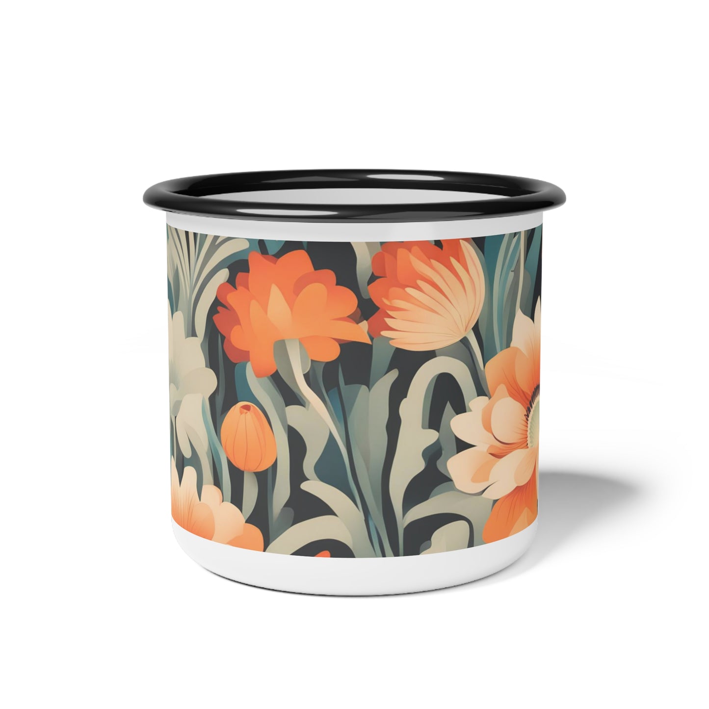 Orange and White Flowers, Enamel Camping Mug for Coffee, Tea, Cocoa, or Cereal - 12oz