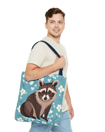Young Raccoon w Flowers Tote Bag with Cotton Handles For Everyday Use, 3 Sizes