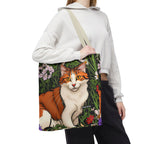 Orange Cat with Flowers, Tote Bag w Cotton Handles
