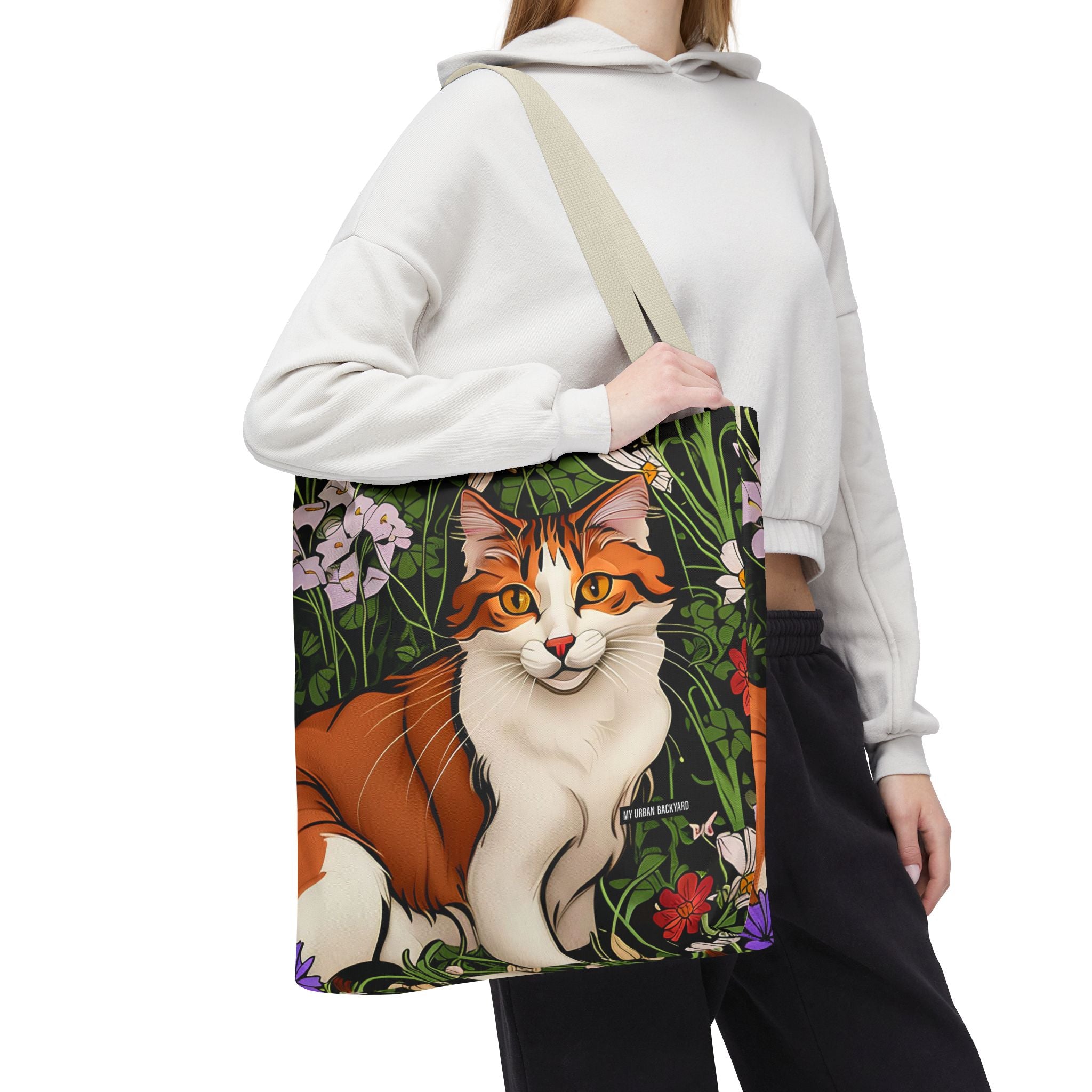 Orange Cat with Flowers, Tote Bag w Cotton Handles