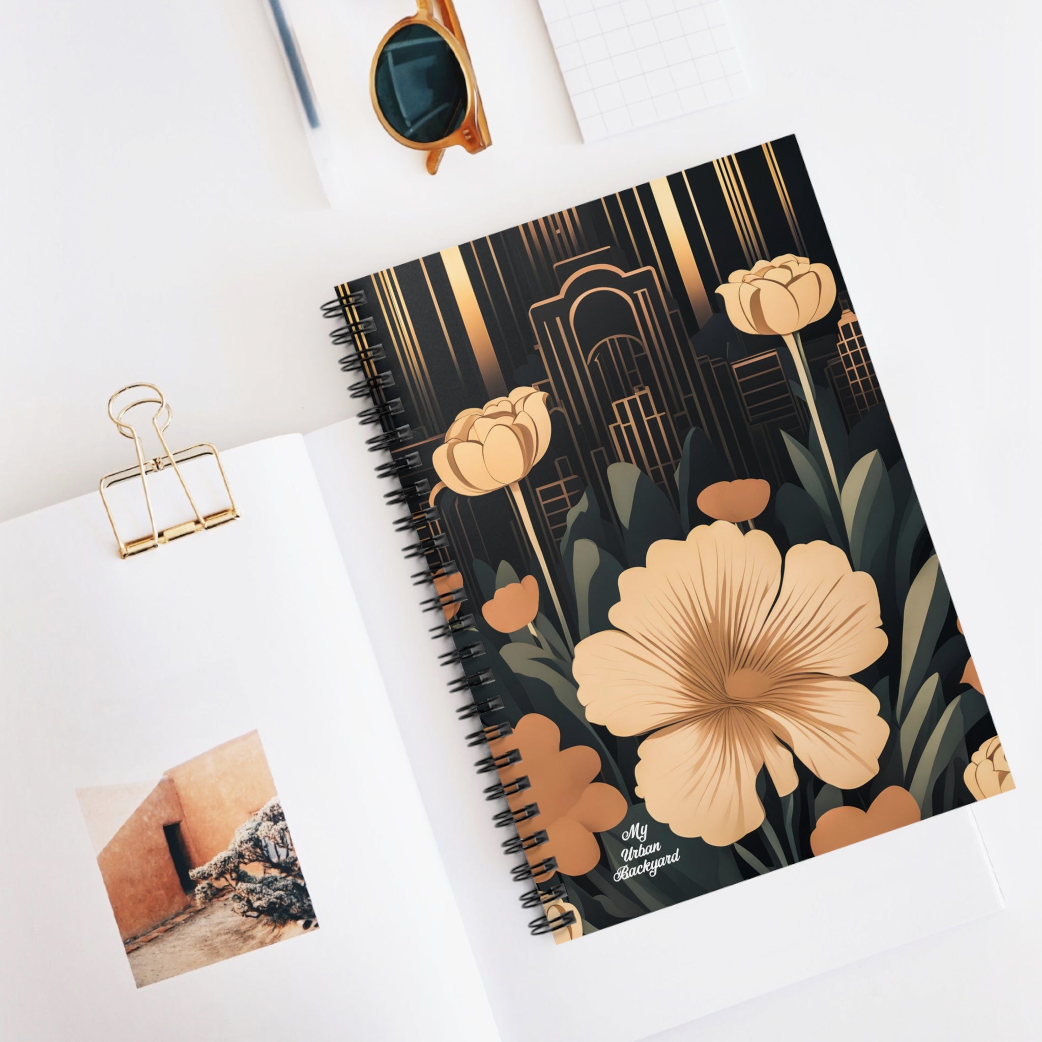 Flowers with Art Deco Building, Spiral Notebook Writing Journal - 118 Ruled Pages