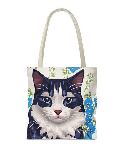 Cat and Blue Flowers Tote Bag with Cotton Handles For Everyday Use, 3 Sizes