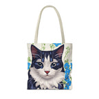 Cat and Blue Flowers Tote Bag with Cotton Handles For Everyday Use, 3 Sizes