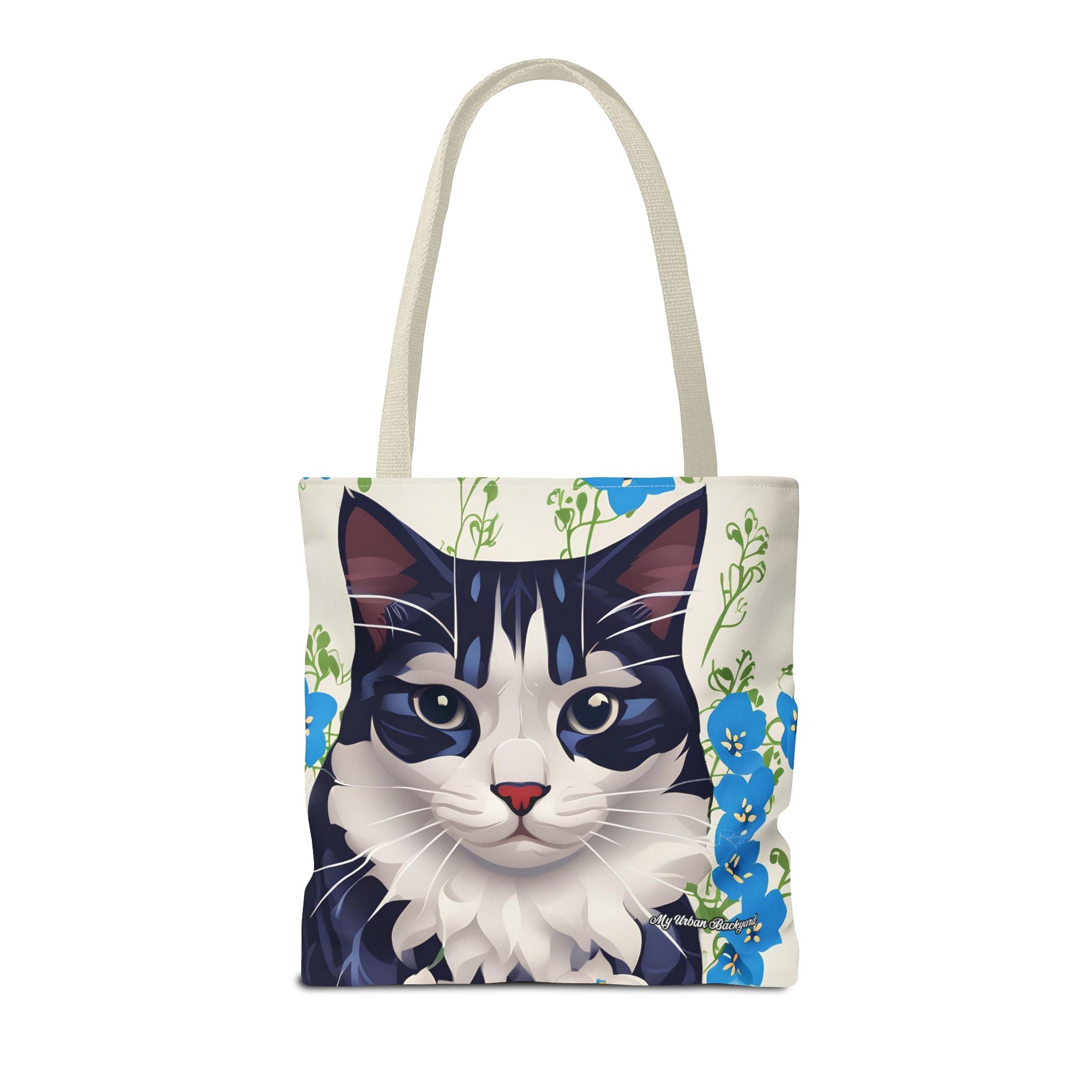 Cat and Blue Flowers Tote Bag with Cotton Handles For Everyday Use, 3 Sizes