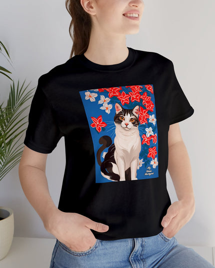 Cat with Red and White Flowers, Soft 100% Jersey Cotton T-Shirt, Unisex, Short Sleeve, Retail Fit