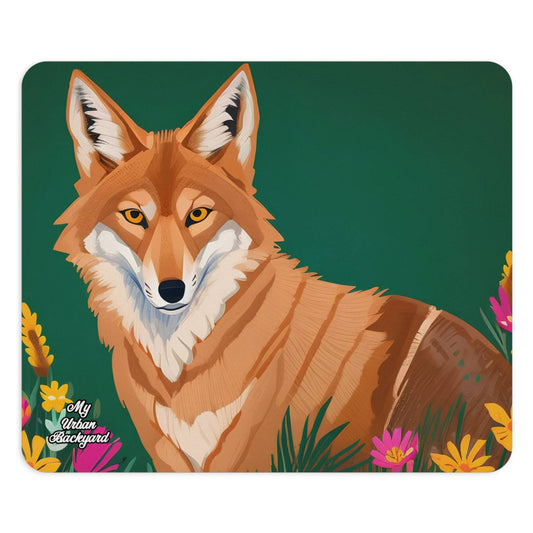Computer Mouse Pad, Non-slip rubber bottom, Coyote on Forest Green