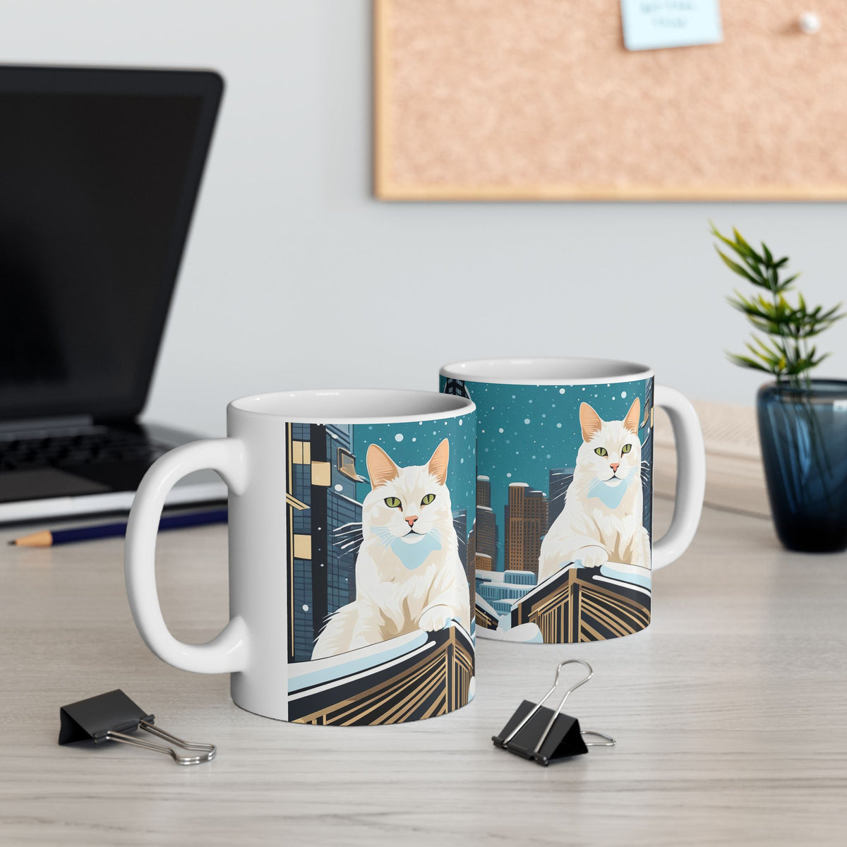 Snowy City Cat Ceramic Mug - 11 oz