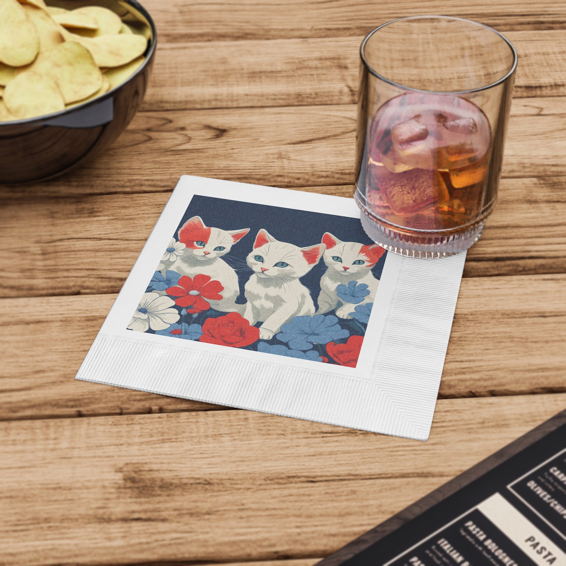 Cat Trio Floral Napkins — Cute Kittens Red White Blue Party Napkins, 2 sizes, Pack of 50 or 100