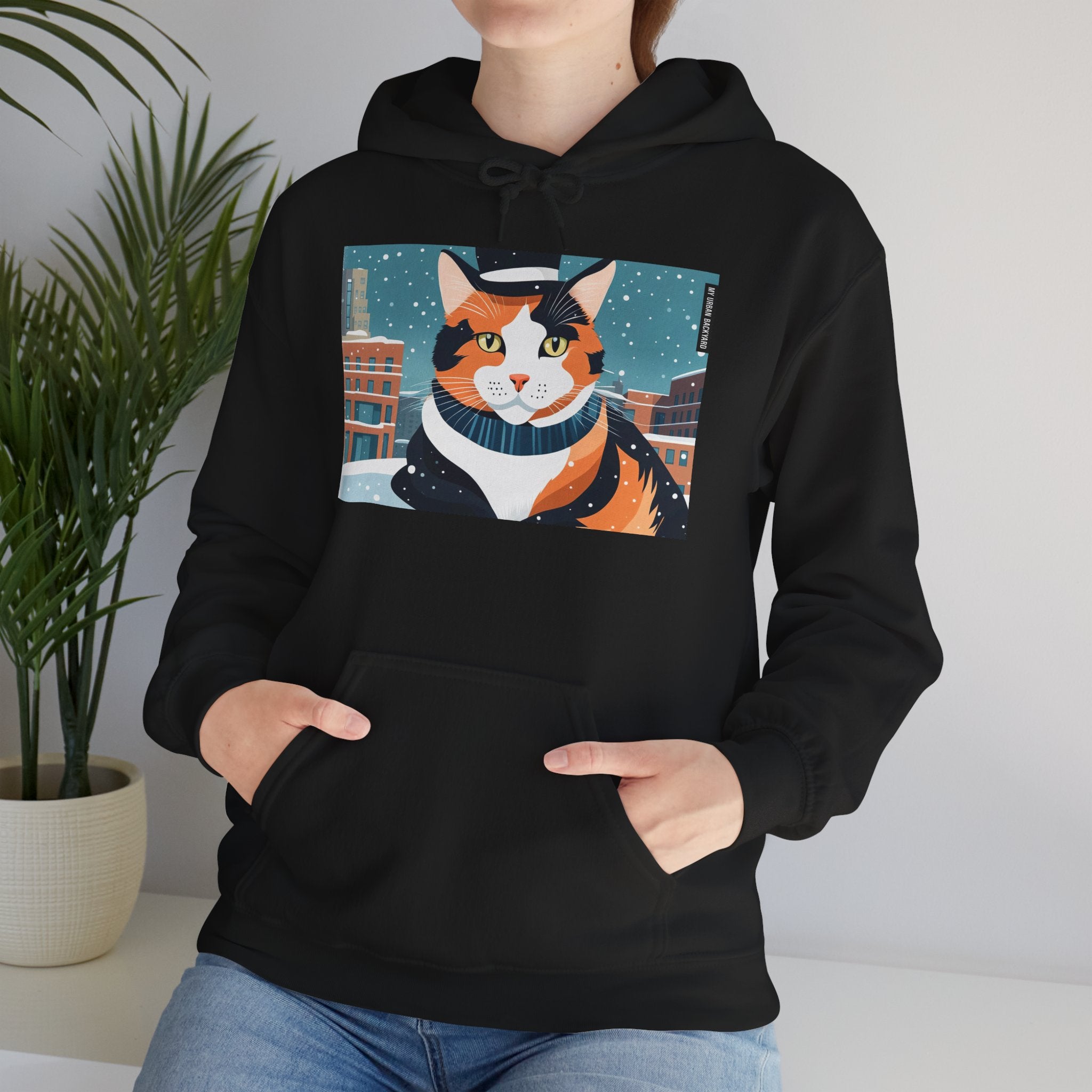 Calico Cat in Snow Hoodie — Cozy Winter Cat Lover Sweatshirt