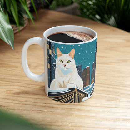 Snowy City Cat Ceramic Mug - 11 oz