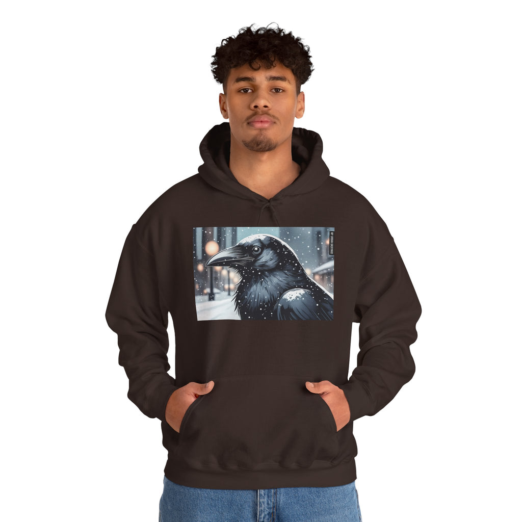 Urban Crow In Falling Snow Hoodie — Comfy Winter Graphic Hoodie