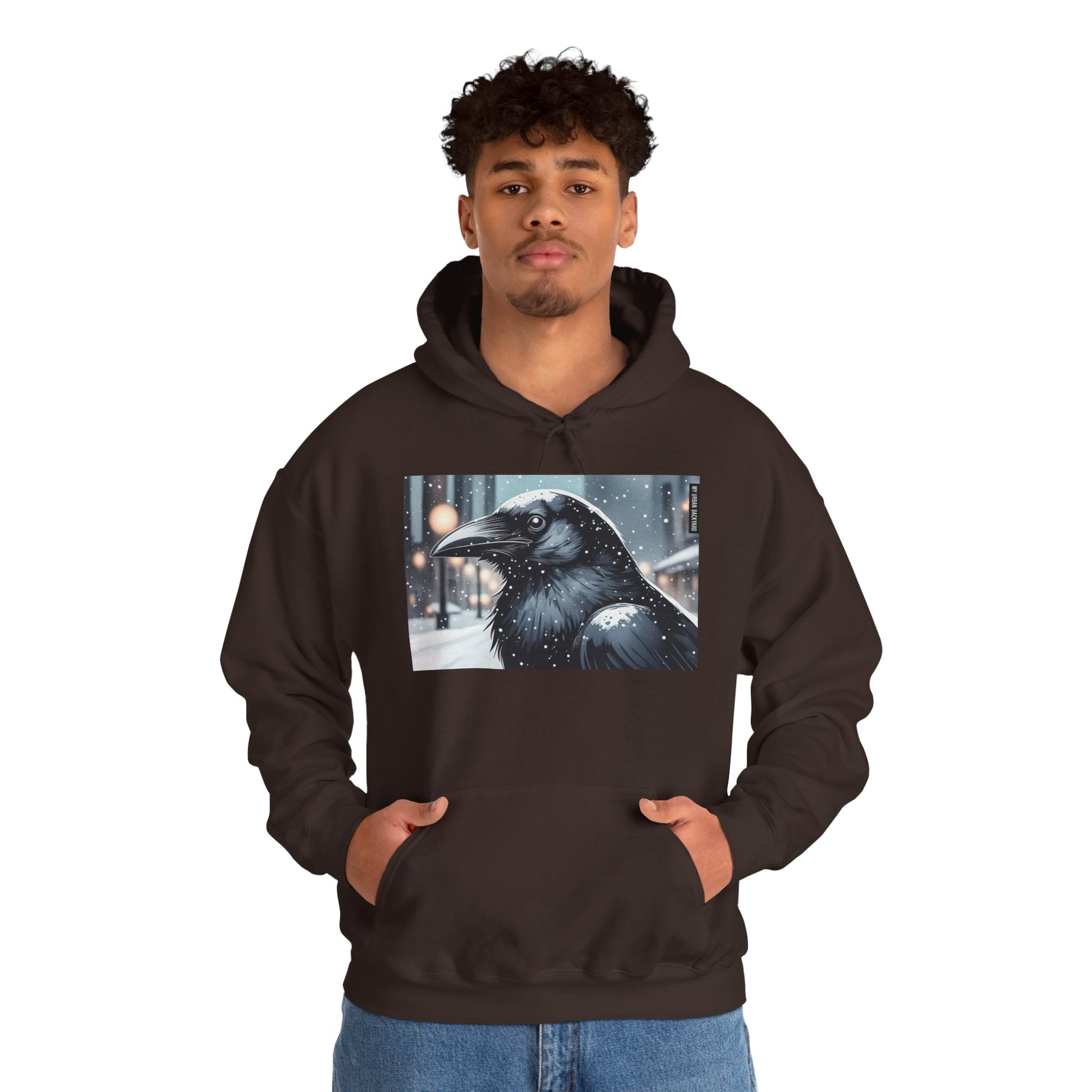 Urban Crow In Falling Snow Hoodie — Comfy Winter Graphic Hoodie