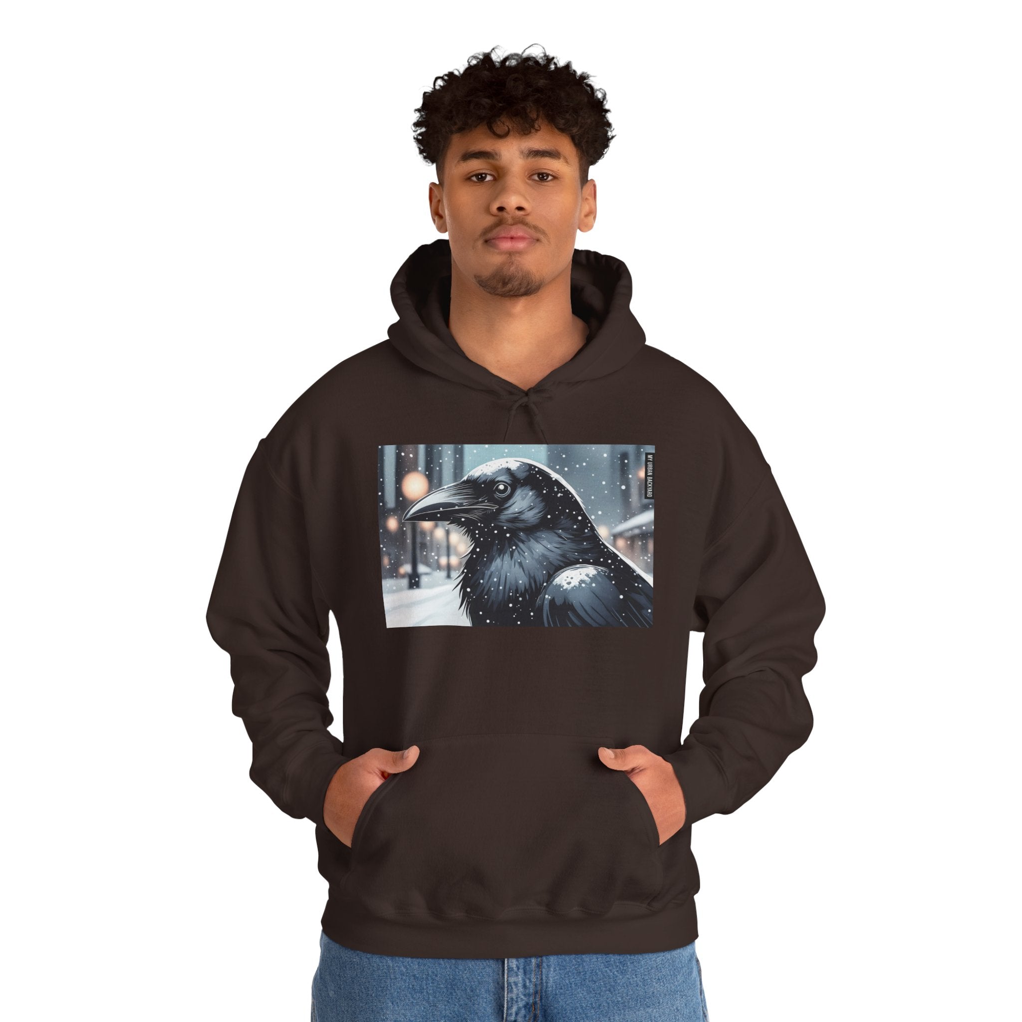 Urban Crow In Falling Snow Hoodie — Comfy Winter Graphic Hoodie