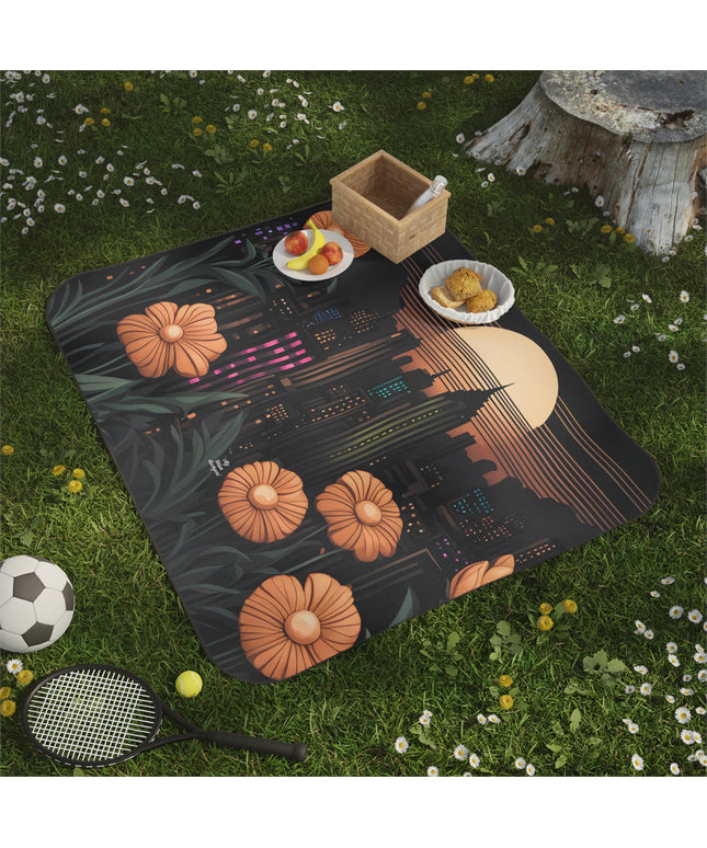 Urban Sunset, Outdoor Picnic Blanket with Soft Fleece Top, Water-Resistant Bottom, 61" × 51"