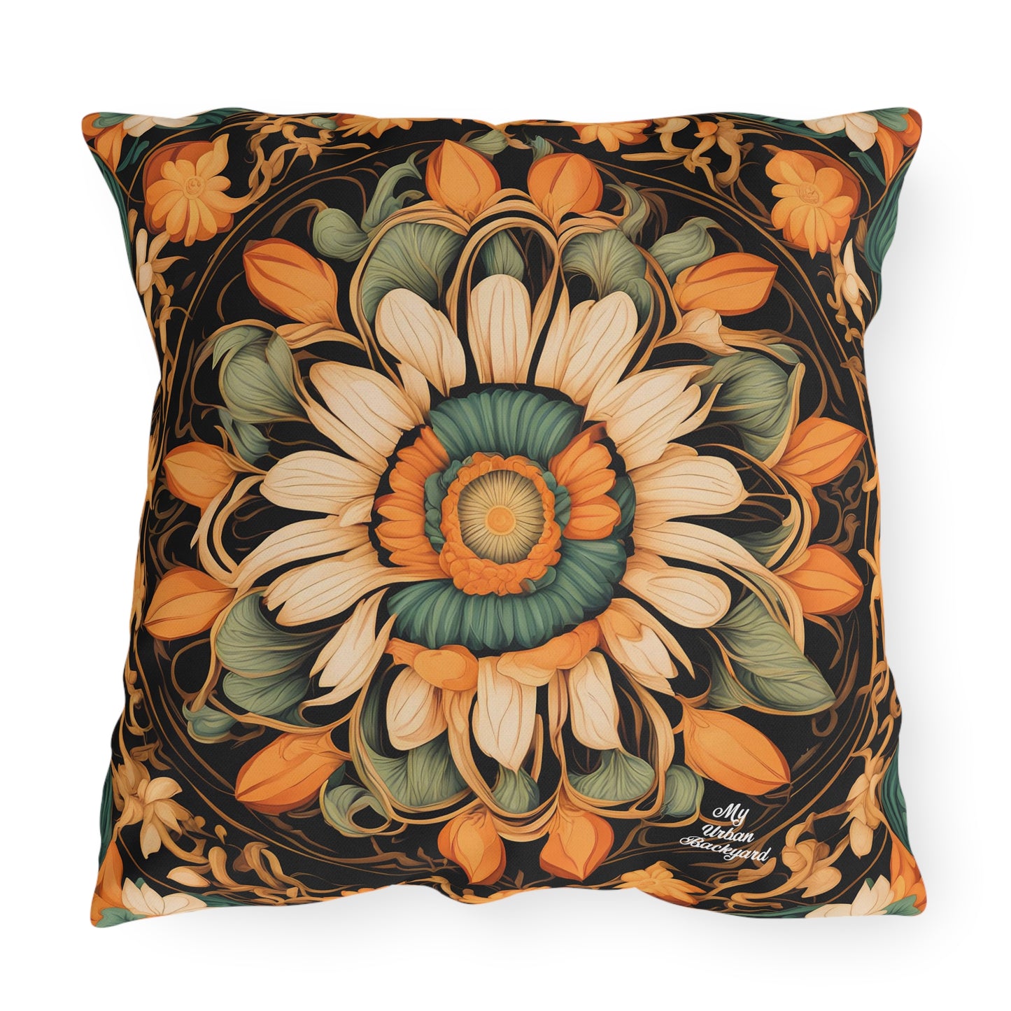 Circle of Petals, Sable accent color, Throw Pillow, Indoor/Outdoor Decor for Home or Office