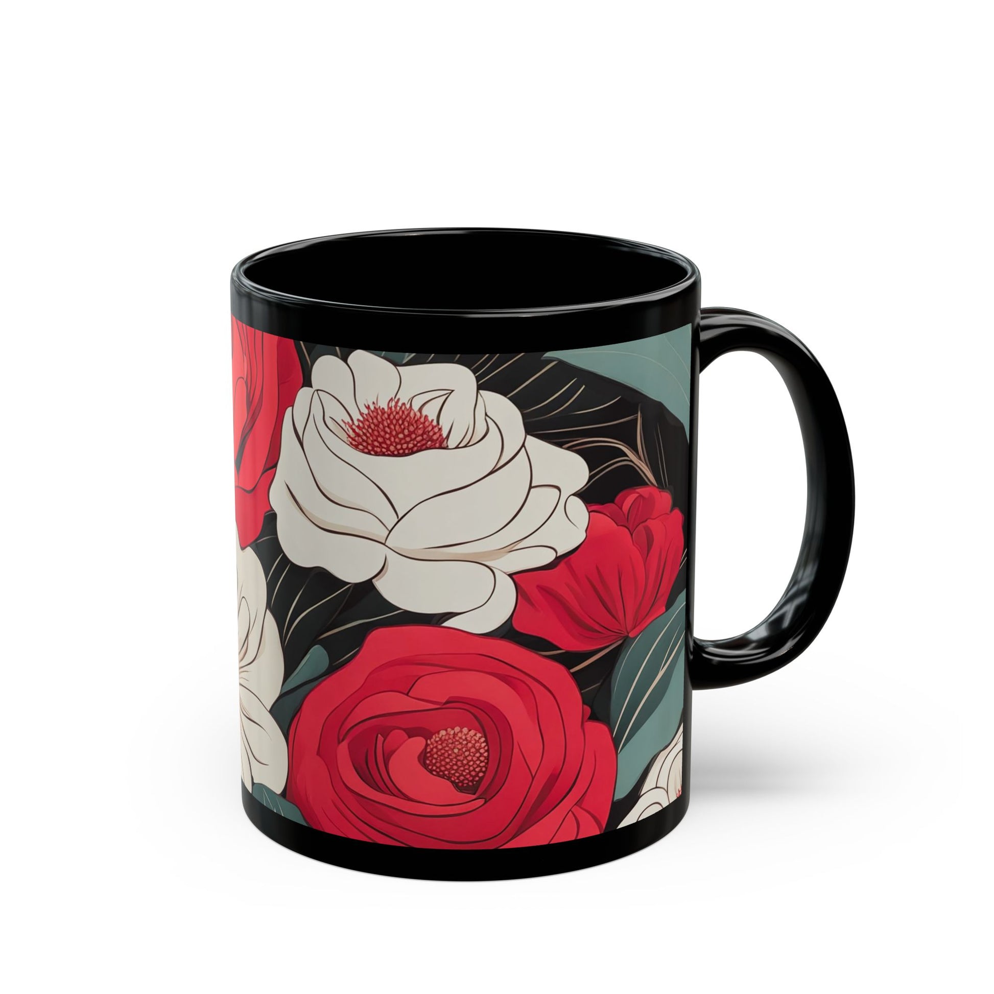 Floral Black Mug - Perfect for Coffee Lovers, Gift for Her, Home Decor, Botanical Design, Floral Coffee Cup