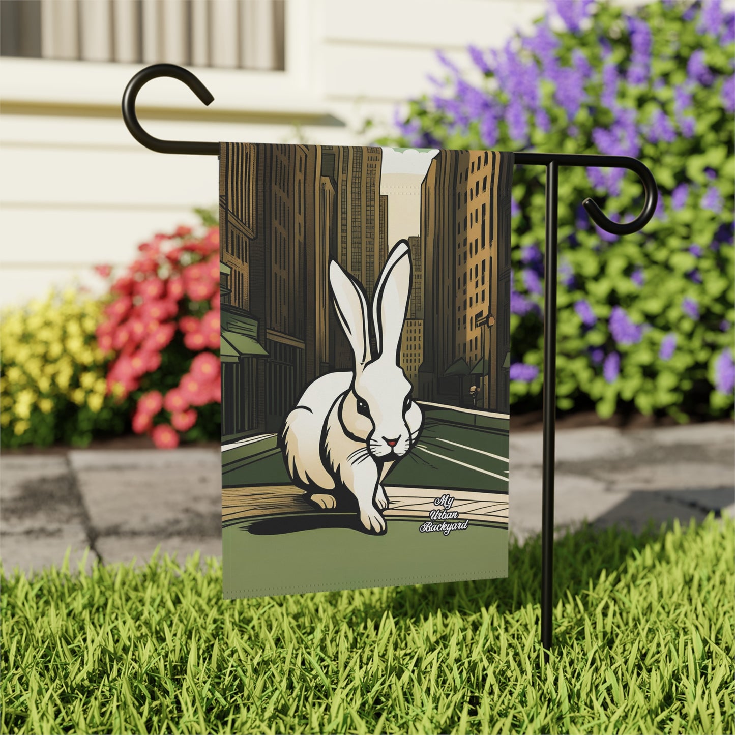 White Rabbit on a City Street, Garden Flag for Yard, Patio, Porch, or Work, 12"x18" - Flag only