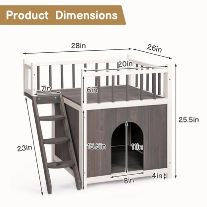 2-Story Outdoor Cat House, Wood Shelter with Fence and Staircase, Grey & White