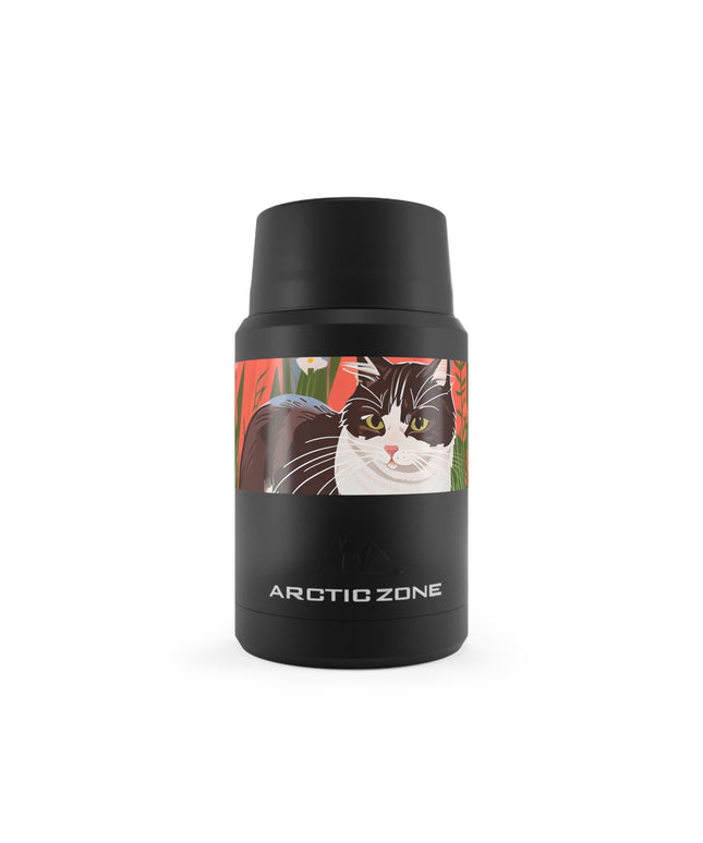 Cat with Wildflowers, Reusable Insulated Food Storage Container with Spoon – 16.9oz
