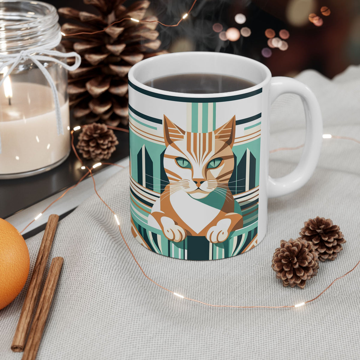 Art Deco Tabby Cat Ceramic Mug