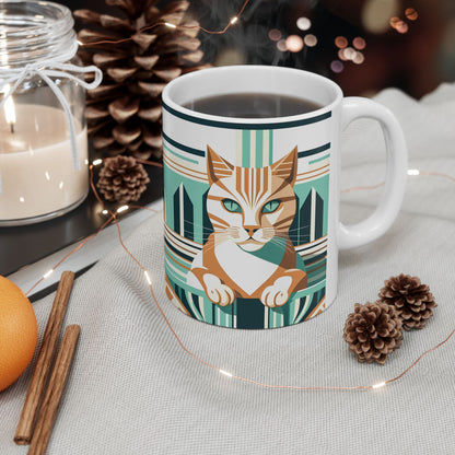Art Deco Tabby Cat Ceramic Mug