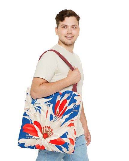 Red White & Blue Flowers Tote Bag with Cotton Handles For Everyday Use, 3 Sizes