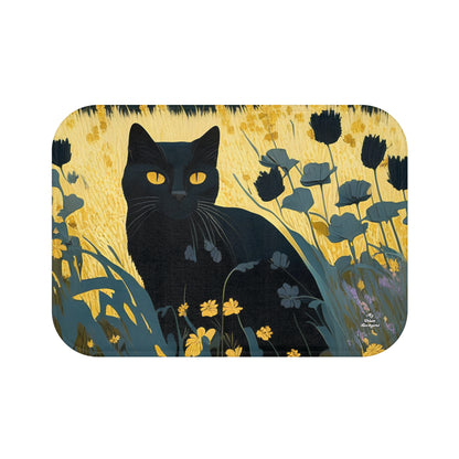 Black Cat with Black Flowers, Memory Foam Bath Mat - Cozy Bathroom Essential