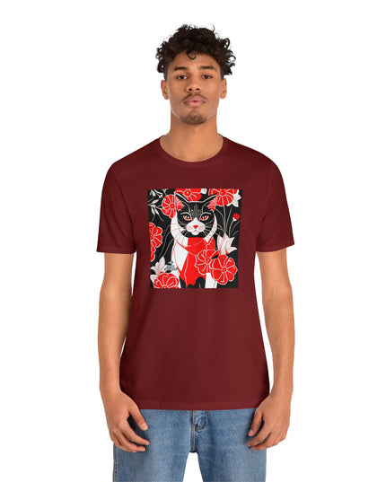 Tuxedo Cat with Red Flowers, Soft 100% Jersey Cotton T-Shirt, Unisex, Short Sleeve, Retail Fit