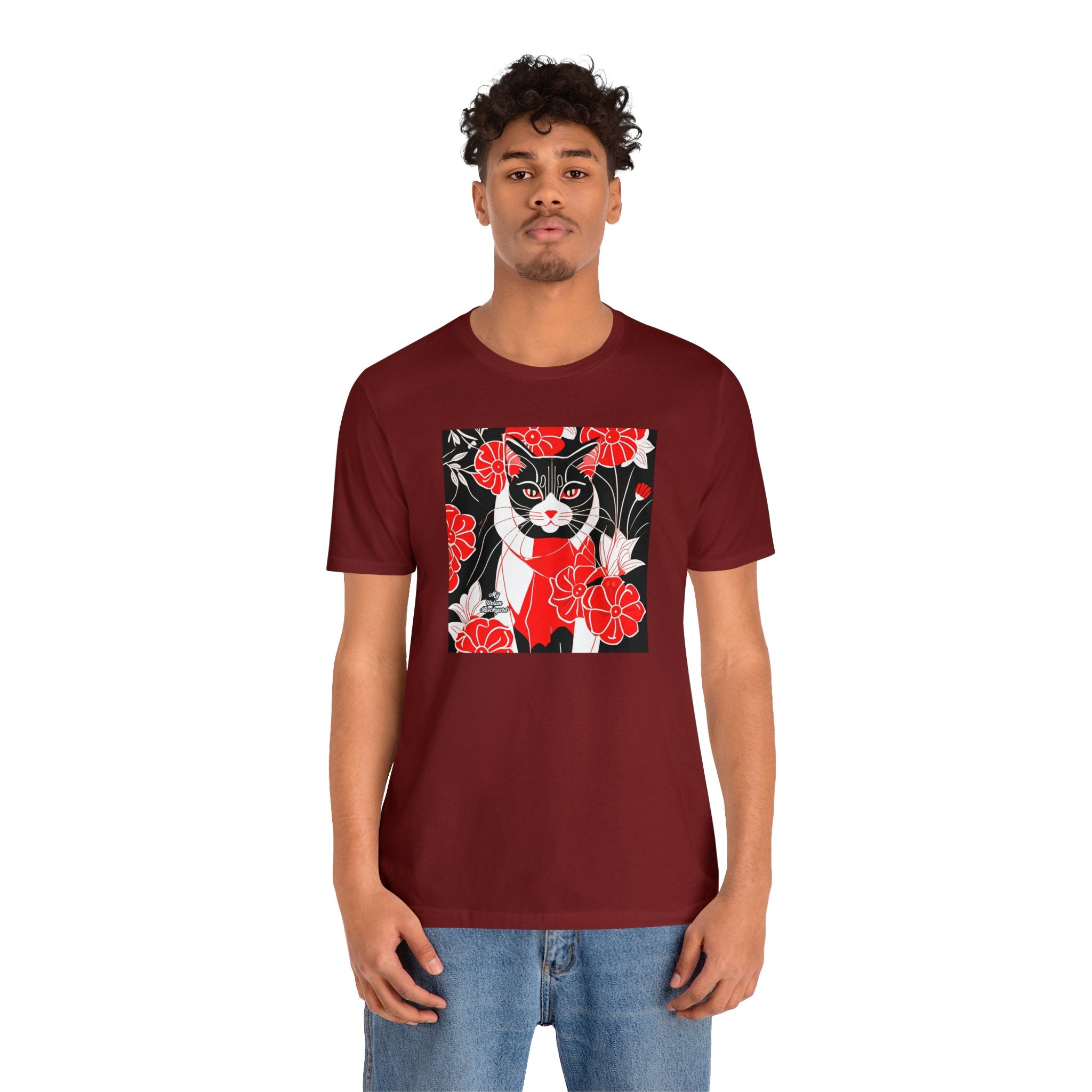 Tuxedo Cat with Red Flowers, Soft 100% Jersey Cotton T-Shirt, Unisex, Short Sleeve, Retail Fit