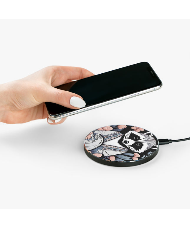 Urban Raccoon w Flowers, 10W Wireless Charger for iPhone, Android, Earbuds