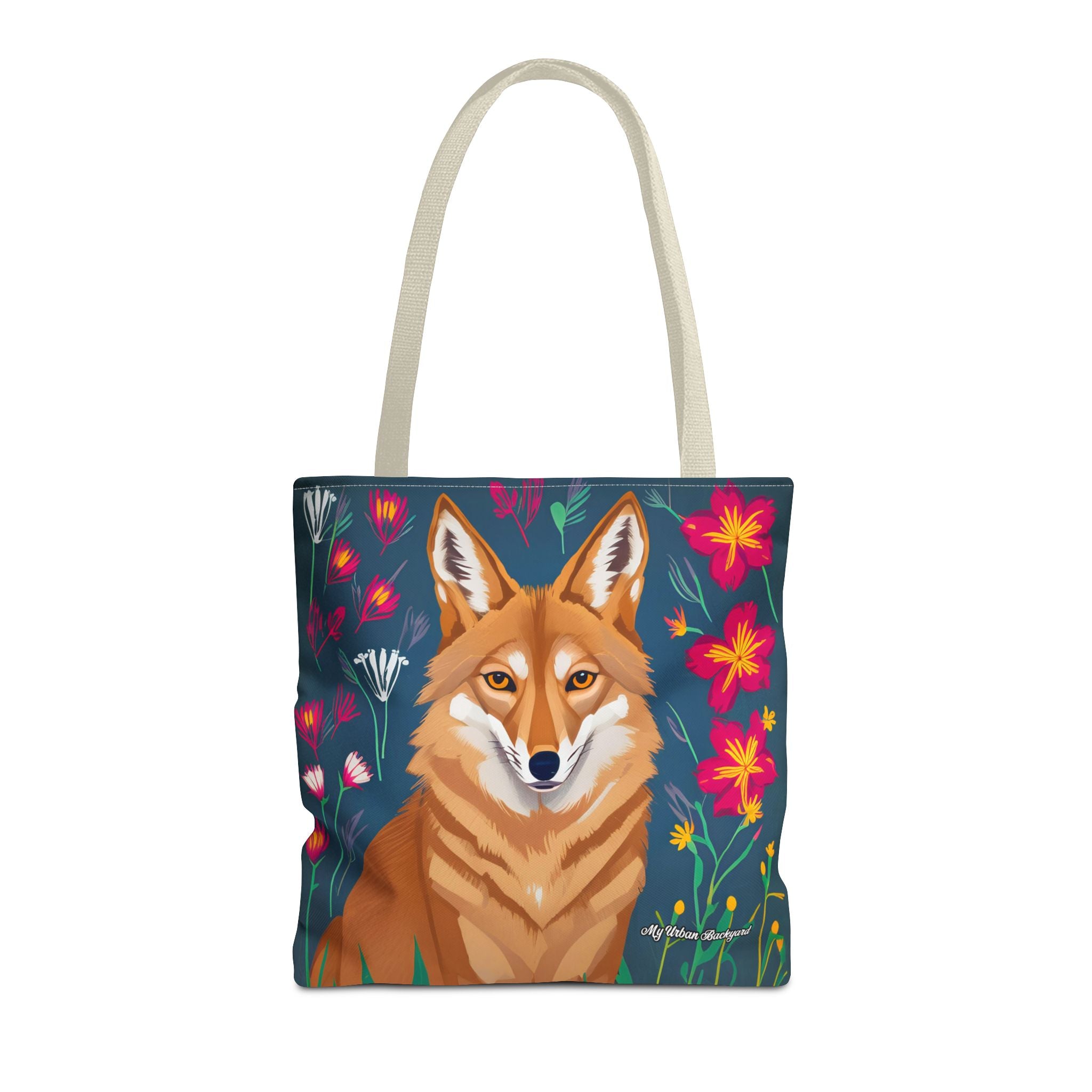 Coyote w Red Flowers Tote Bag with Cotton Handles For Everyday Use, 3 Sizes