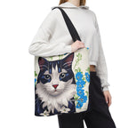 Cat and Blue Flowers Tote Bag with Cotton Handles For Everyday Use, 3 Sizes