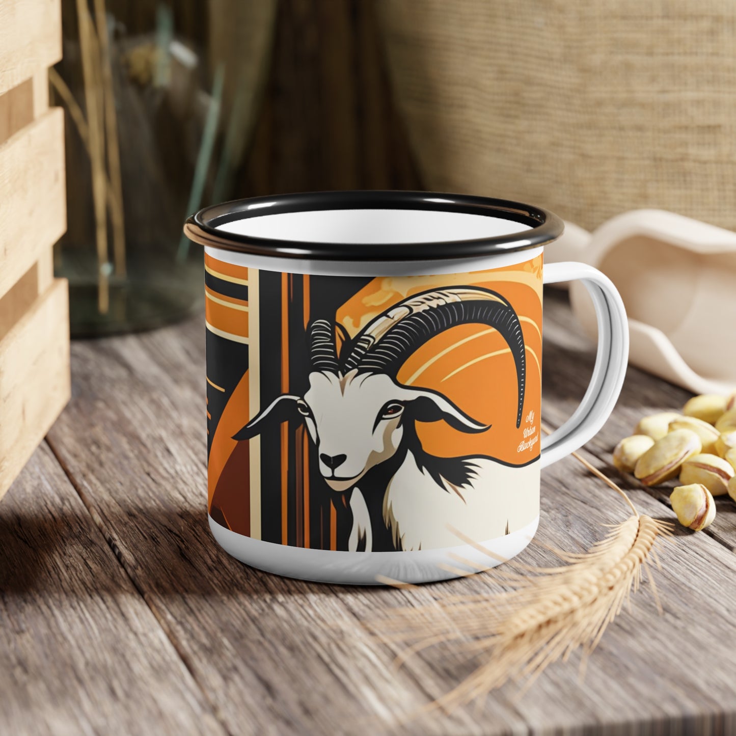 Charming White Goat, Enamel Camping Mug for Coffee, Tea, Cocoa, or Cereal - 12oz