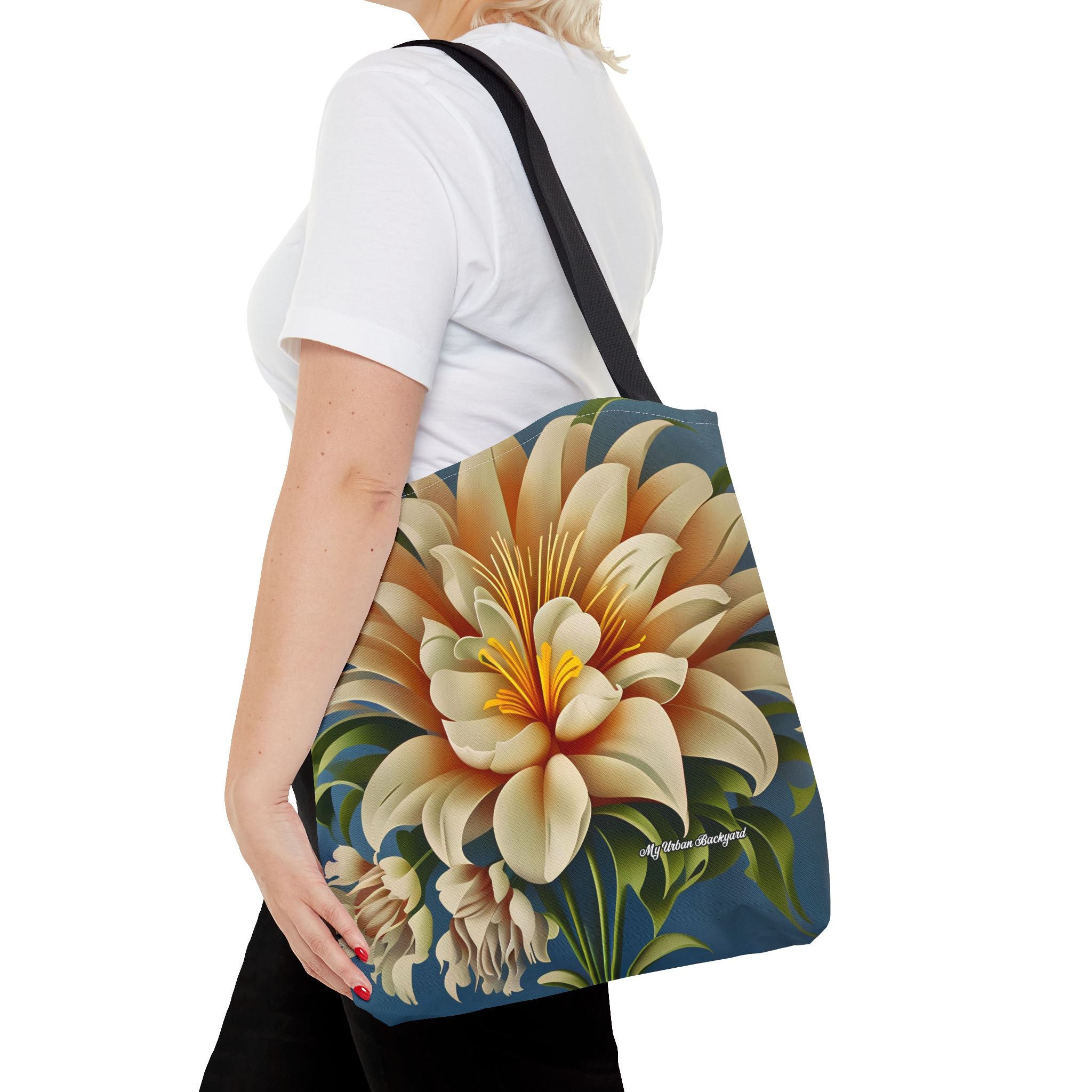 Large White Flower Tote Bag with Cotton Handles For Everyday Use, 3 Sizes