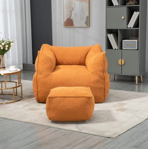 High Back Bean Bag Chair Lazy Sofa With Footstool, Comfortable Lounger, Orange