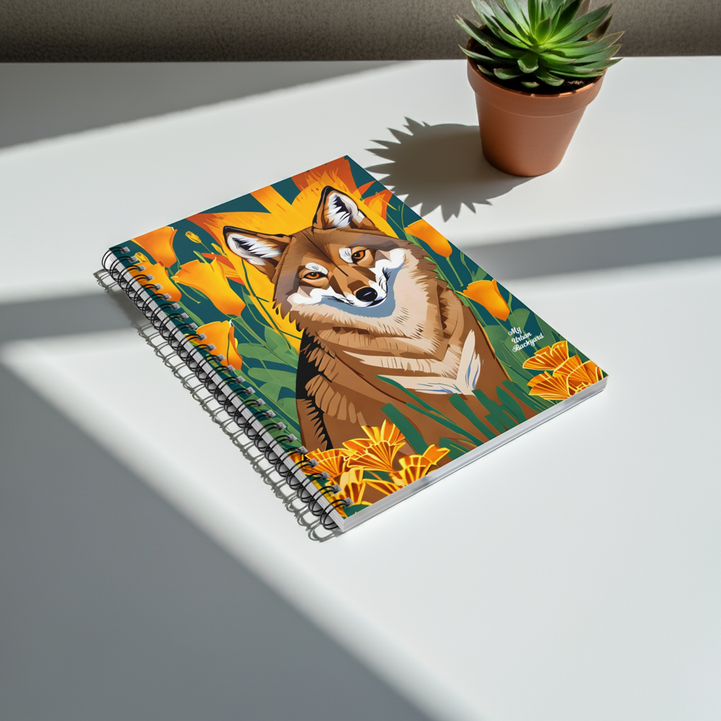 Coyote and Orange Flowers, Spiral Notebook Writing Journal - 118 Ruled Pages