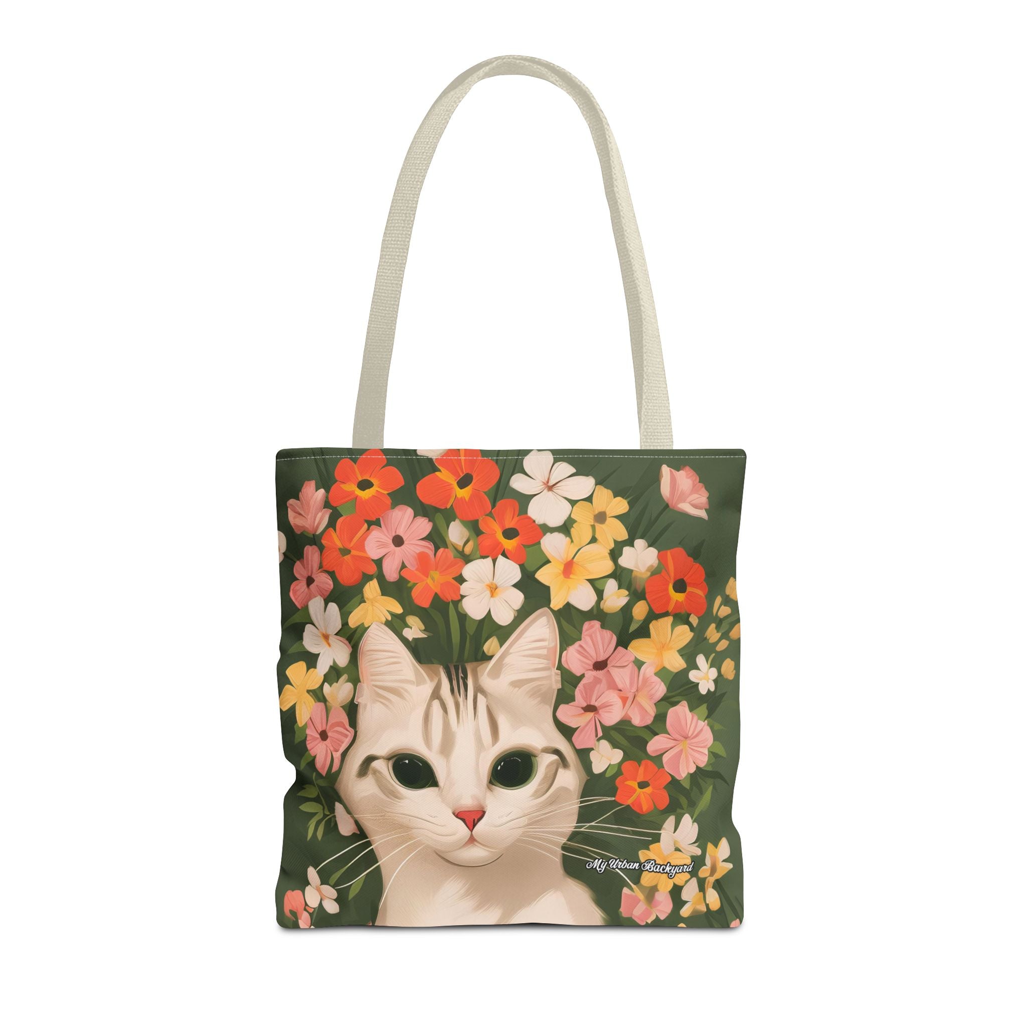 White Cat with Flowers Tote Bag with Cotton Handles For Everyday Use, 3 Sizes