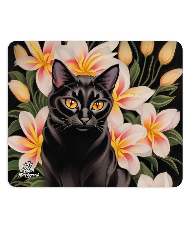 Computer Mouse Pad, Non-slip rubber bottom, Silky Black Cat w Flowers