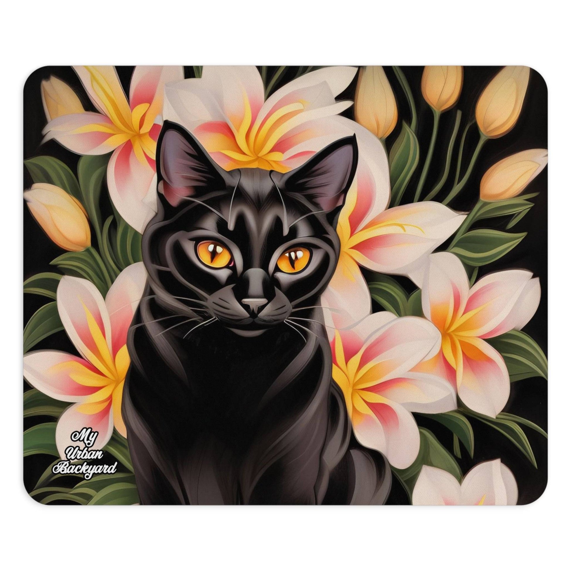 Computer Mouse Pad, Non-slip rubber bottom, Silky Black Cat w Flowers