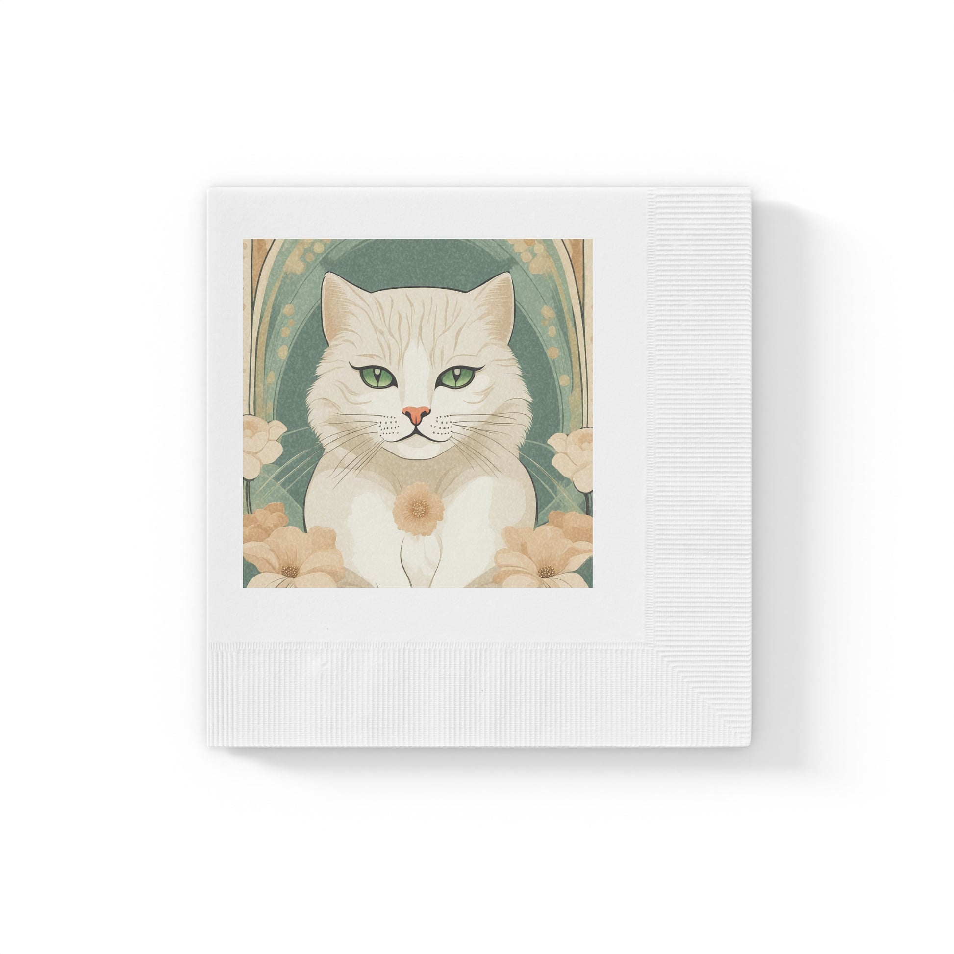 Blanca Purrington, Cat Party Paper Napkins — Vintage Green Floral Design, 2 sizes, Pack of 50 or 100