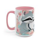 Two Raccoons with Pastel Flowers, Ceramic Coffee Mug