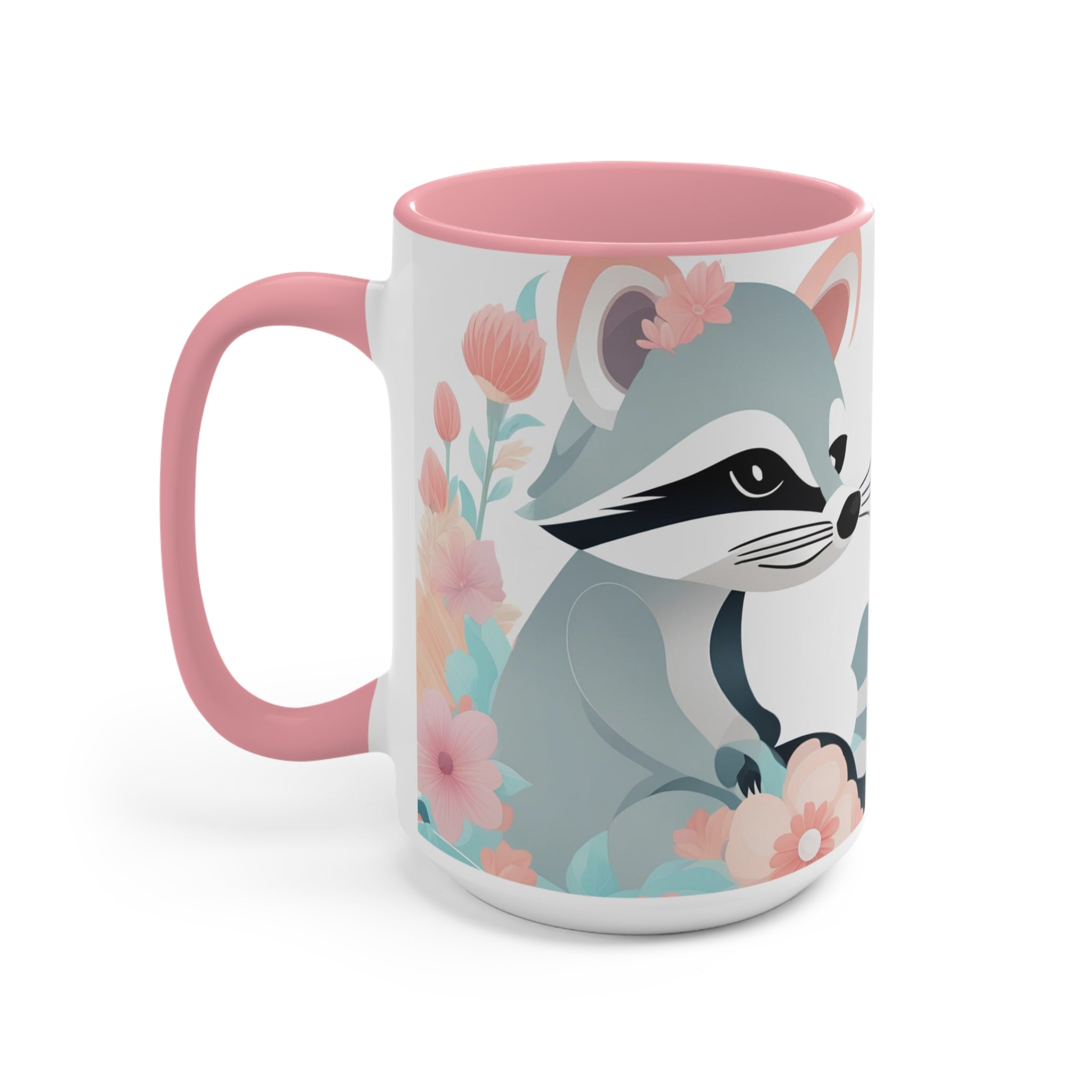 Two Raccoons with Pastel Flowers, Ceramic Coffee Mug