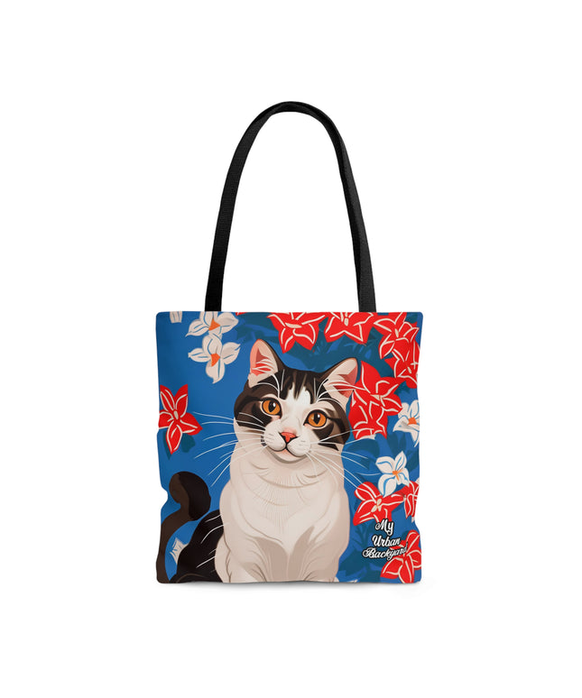 Cat and Red White & Blue Flowers, Tote Bag for Everyday Use - Durable and Functional