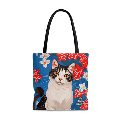 Cat and Red White & Blue Flowers, Tote Bag for Everyday Use - Durable and Functional